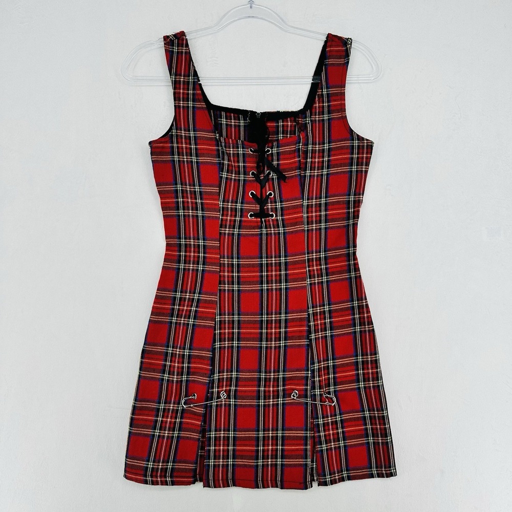 Vintage Lip Service Lace-Up Mini Dress Womens Size Small Red Plaid Safety Pins